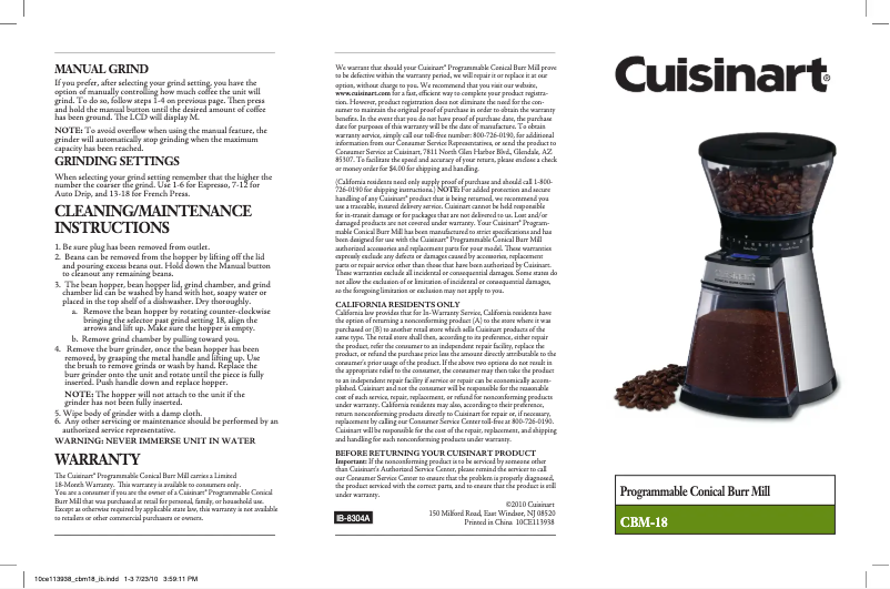 Page n°1 - Manuel utilisateur Cuisinart CBM-18