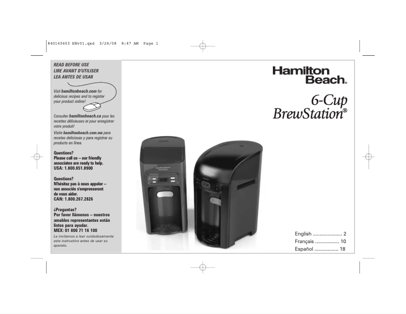 Page n°1 - Manuel utilisateur Hamilton Beach BrewStation 48274