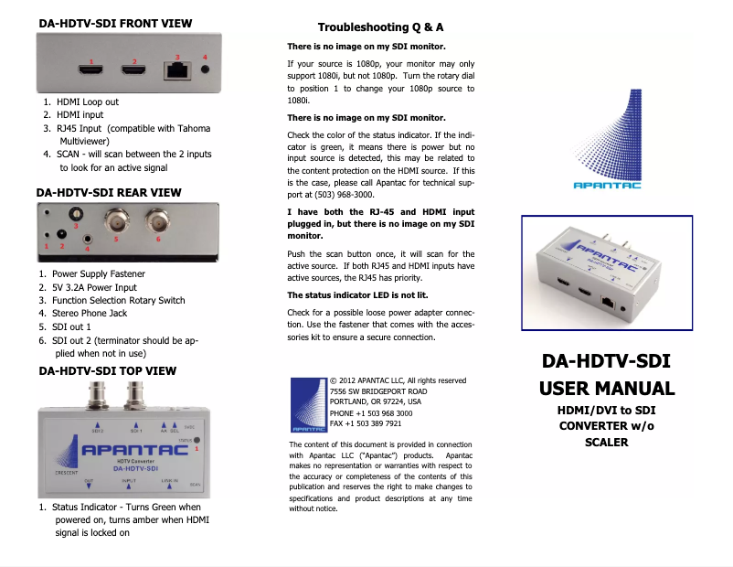 Page n°1 - Manuel utilisateur Apantac DA-HDTV-SDI