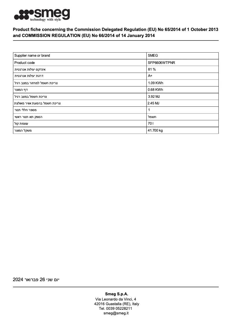 Page 1 de la notice Fiche technique Smeg SFP6606WTPNR