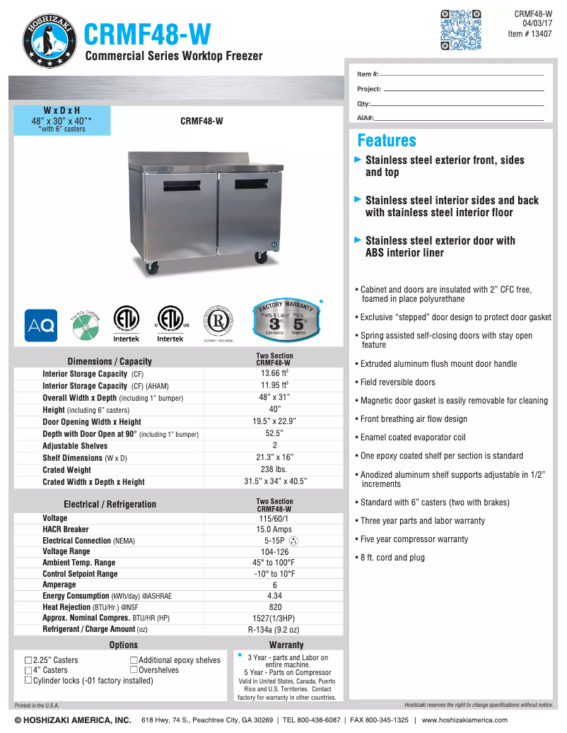 Page n°1 - Fiche technique Hoshizaki Commercial CRMF48-W
