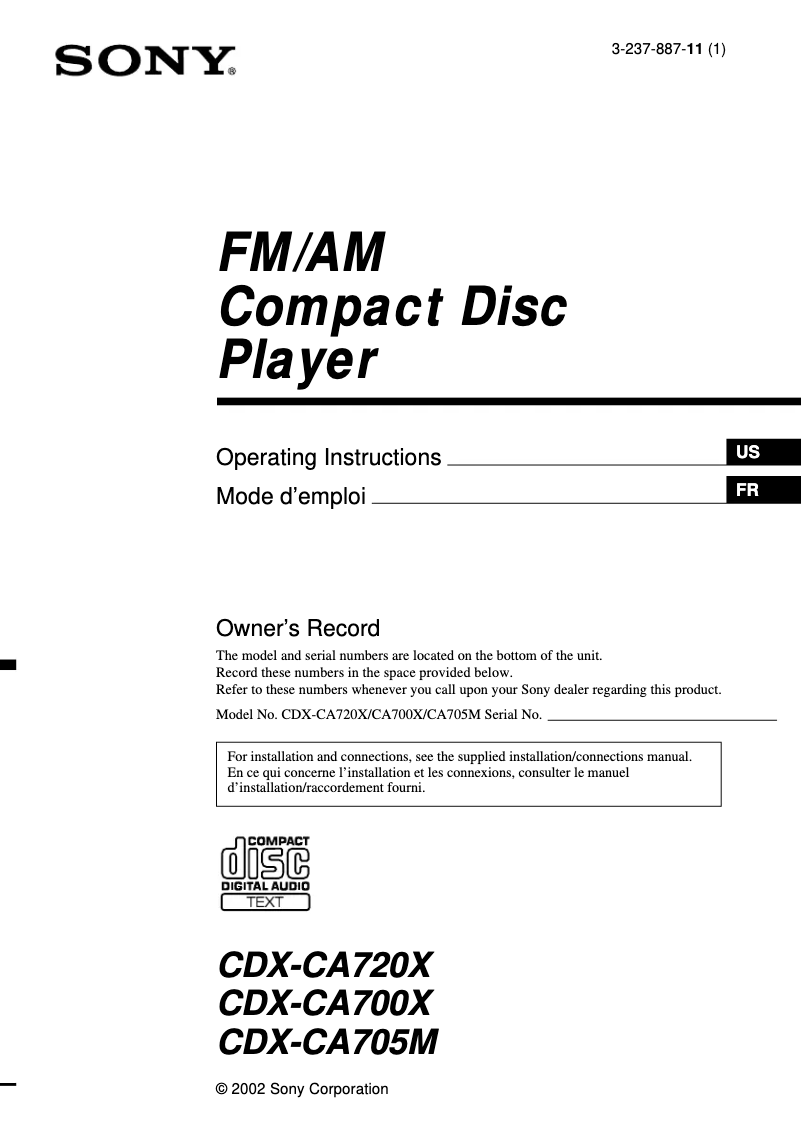 Page n°1 - Manuel utilisateur Sony CDX-CA705M