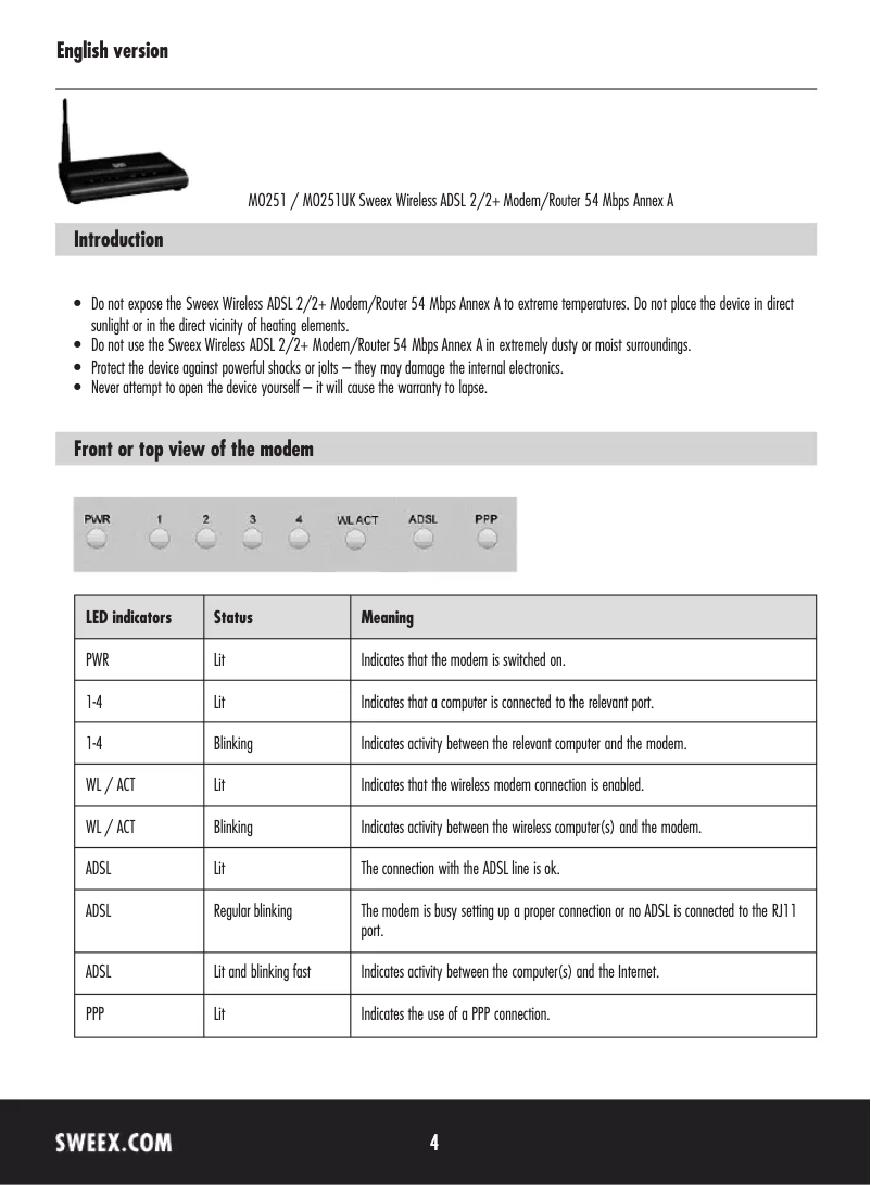 Page 1 de la notice Manuel utilisateur Sweex MO251UK