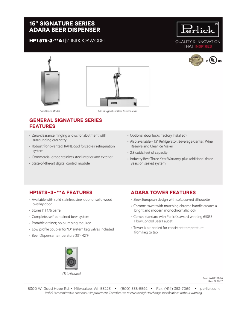 Page n°1 - Fiche technique Perlick Signature Series HP15TS-3-2LA
