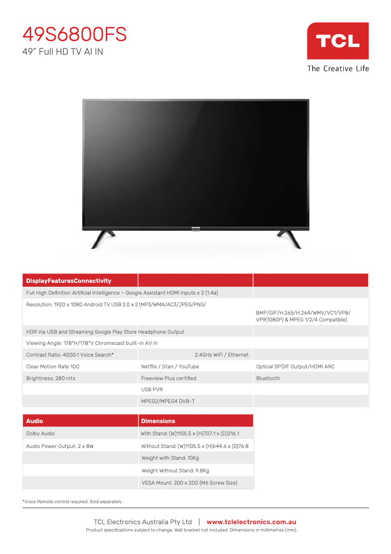 Page 1 of the manual Technical Sheet TCL 49S6800FS