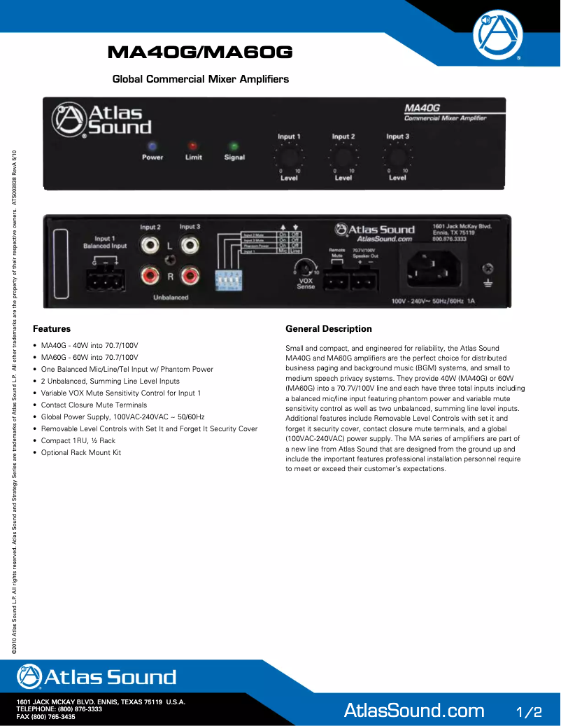 Page 1 de la notice Brochure Atlas Sound MA40G