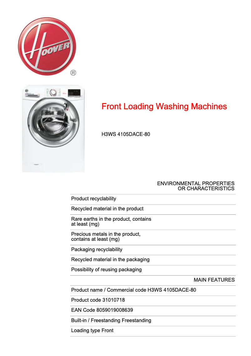 Page 1 de la notice Fiche technique Hoover H-WASH 300 LITE H3WS 4105DACE-80