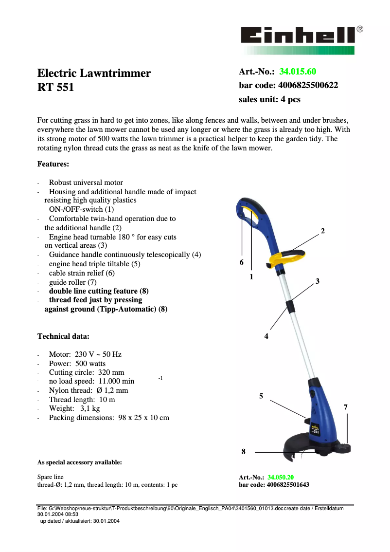 Page 1 de la notice Fiche technique Einhell Royal RT 551