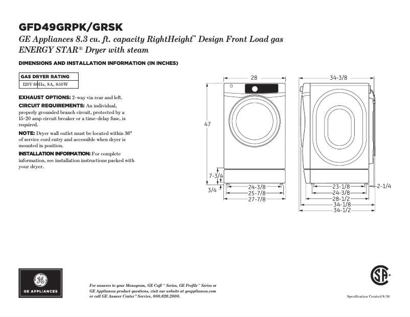 Page 1 de la notice Fiche technique GE GFD49GRSKWW