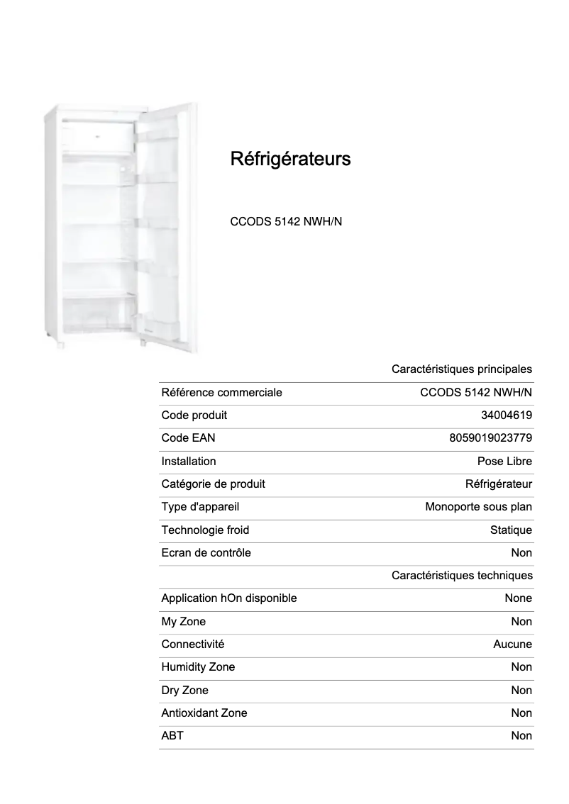 Page n°1 - Fiche technique Candy CCODS 5142 NWH/N