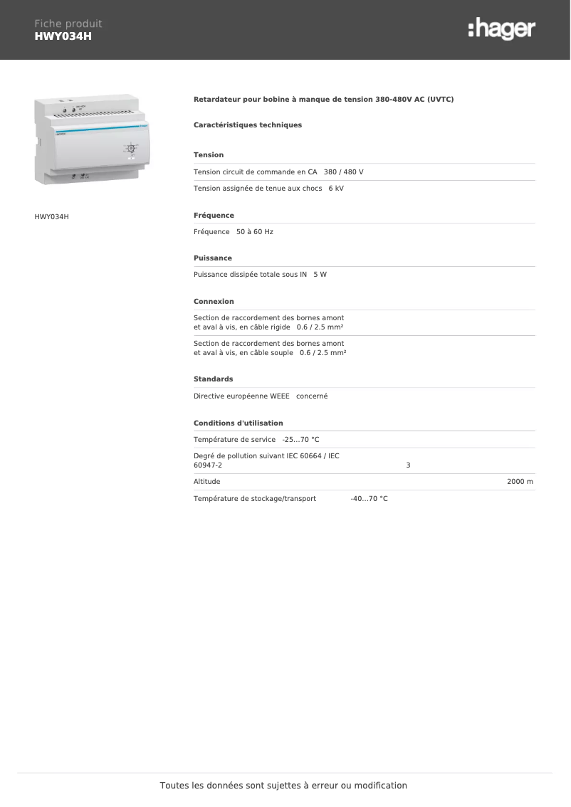 Page n°1 - Fiche technique Hager HWY034H