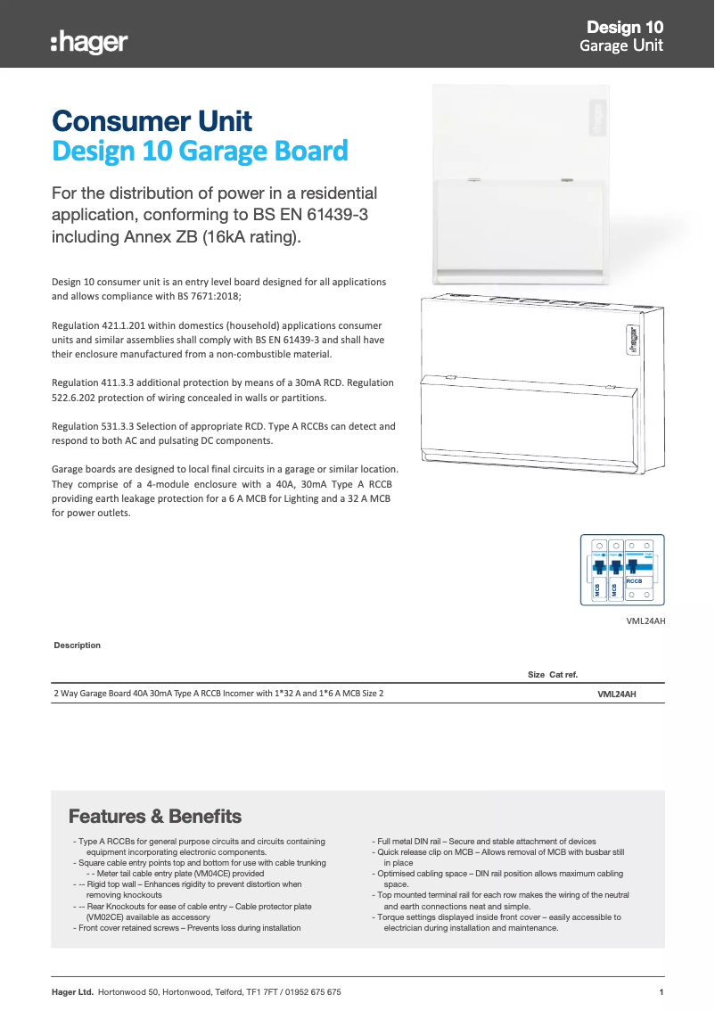Page 1 de la notice Fiche technique Hager VML24AH