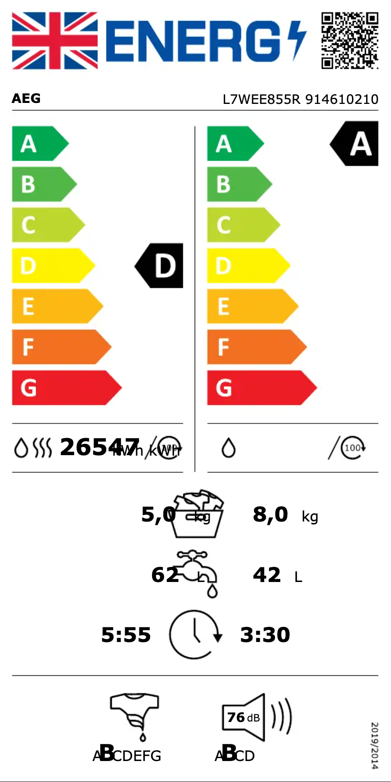 Página 1 del manual Etiqueta energética AEG L7WEE855R