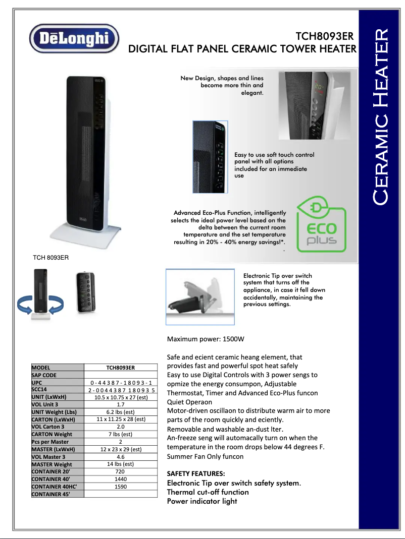 Page 1 de la notice Fiche technique DeLonghi TCH8093ER