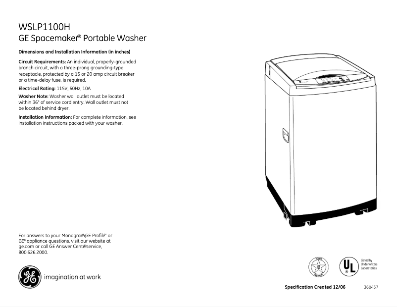 Page 1 de la notice Fiche technique GE WSLP1100HWW