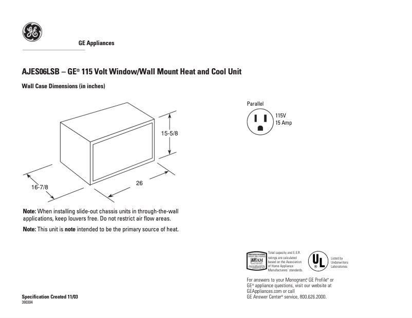 Page n°1 - Fiche technique GE AJES06LSB