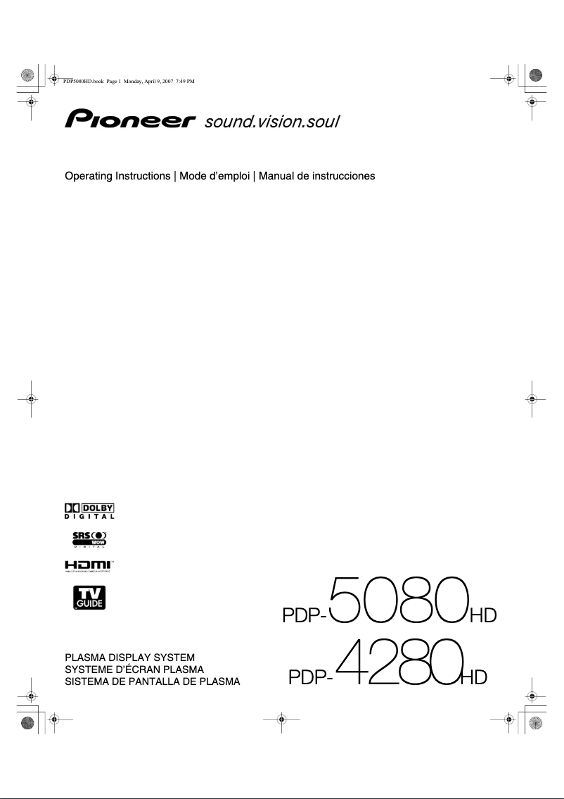 Page n°1 - Manuel utilisateur Pioneer PDP-4280HD