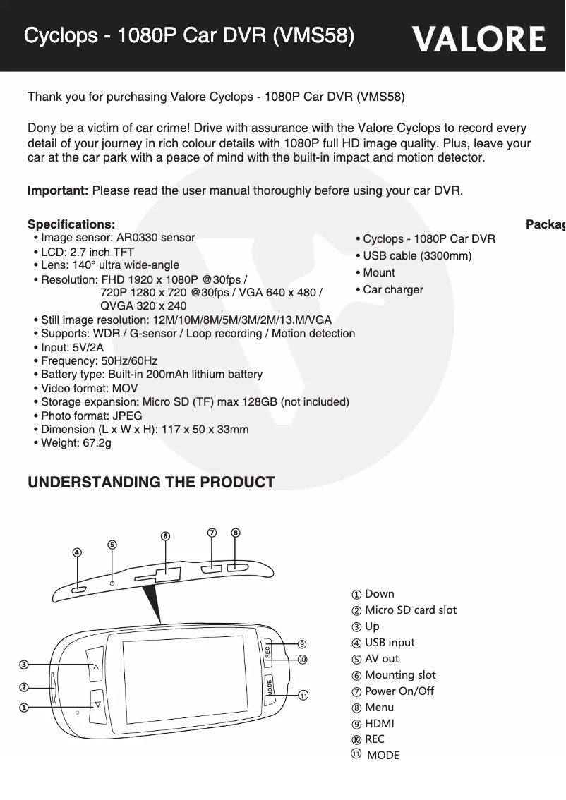 Page 1 de la notice Manuel utilisateur Valore VMS58