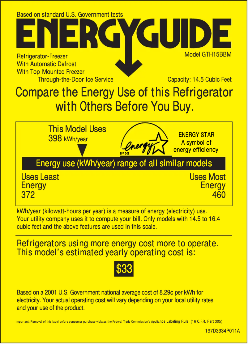 Page 1 de la notice Label énergétique GE GTH15BBMLWW