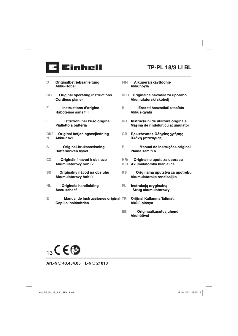 Page 1 de la notice Manuel utilisateur Einhell TP-PL 18/3 Li BL
