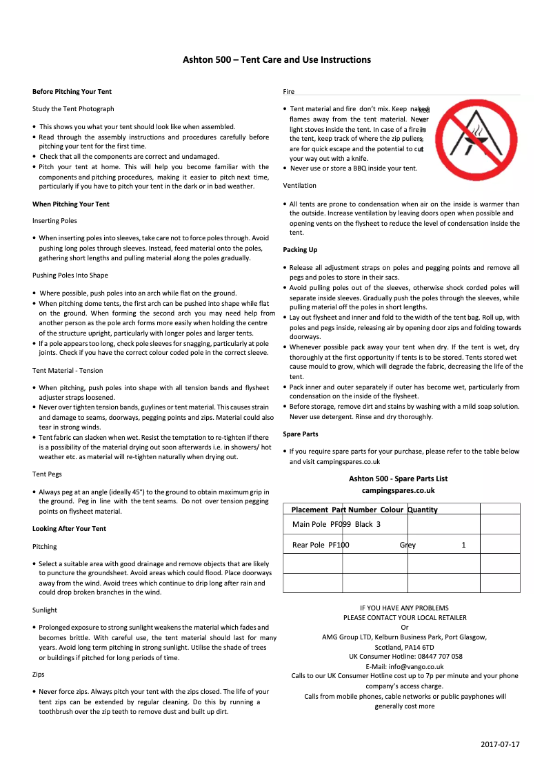 Page 1 de la notice Manuel utilisateur Vango Ashton 500