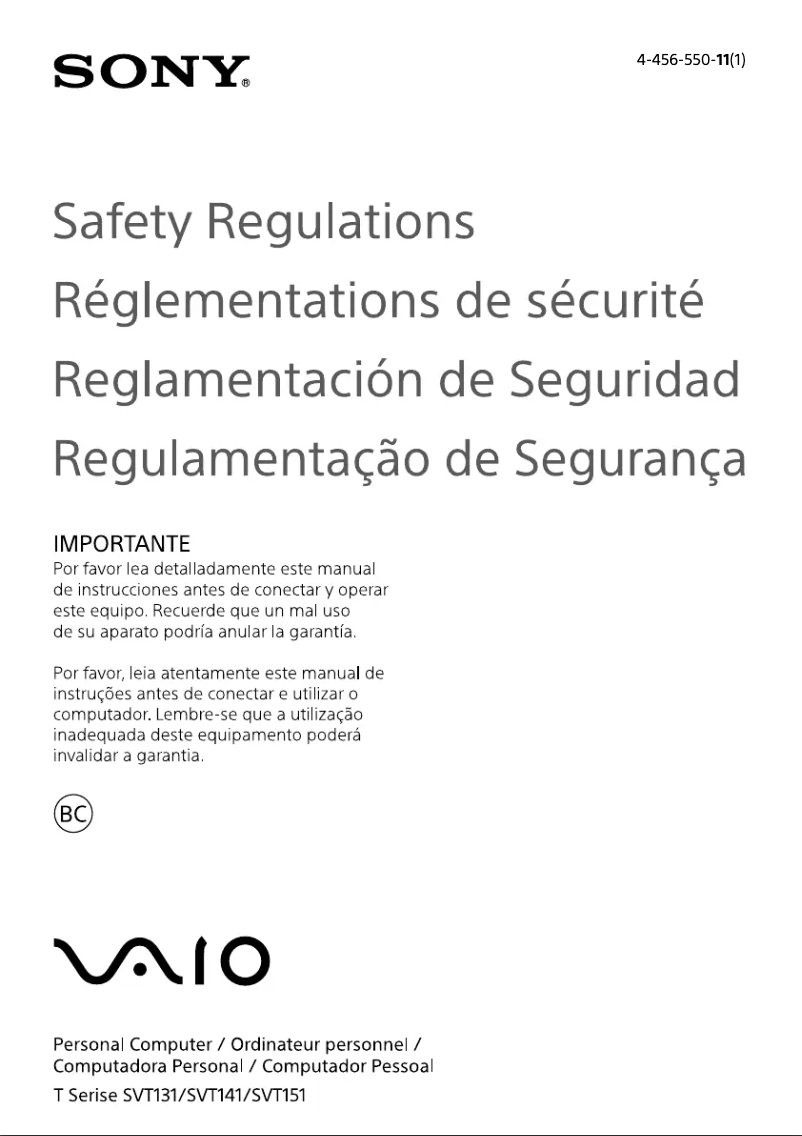 Page n°1 - Instructions de sécurité Sony Vaio Tab 13 SVT13132PXS