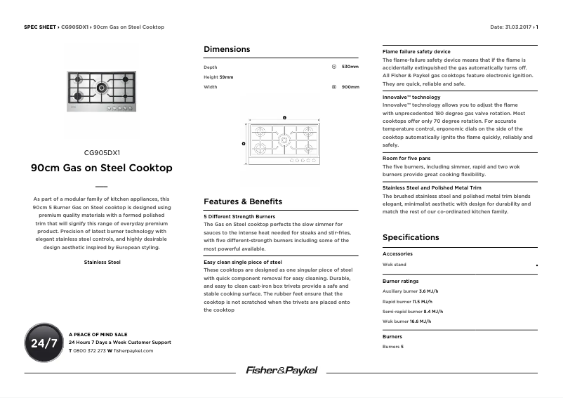 Page 1 de la notice Fiche technique Fisher & Paykel CG905DX1