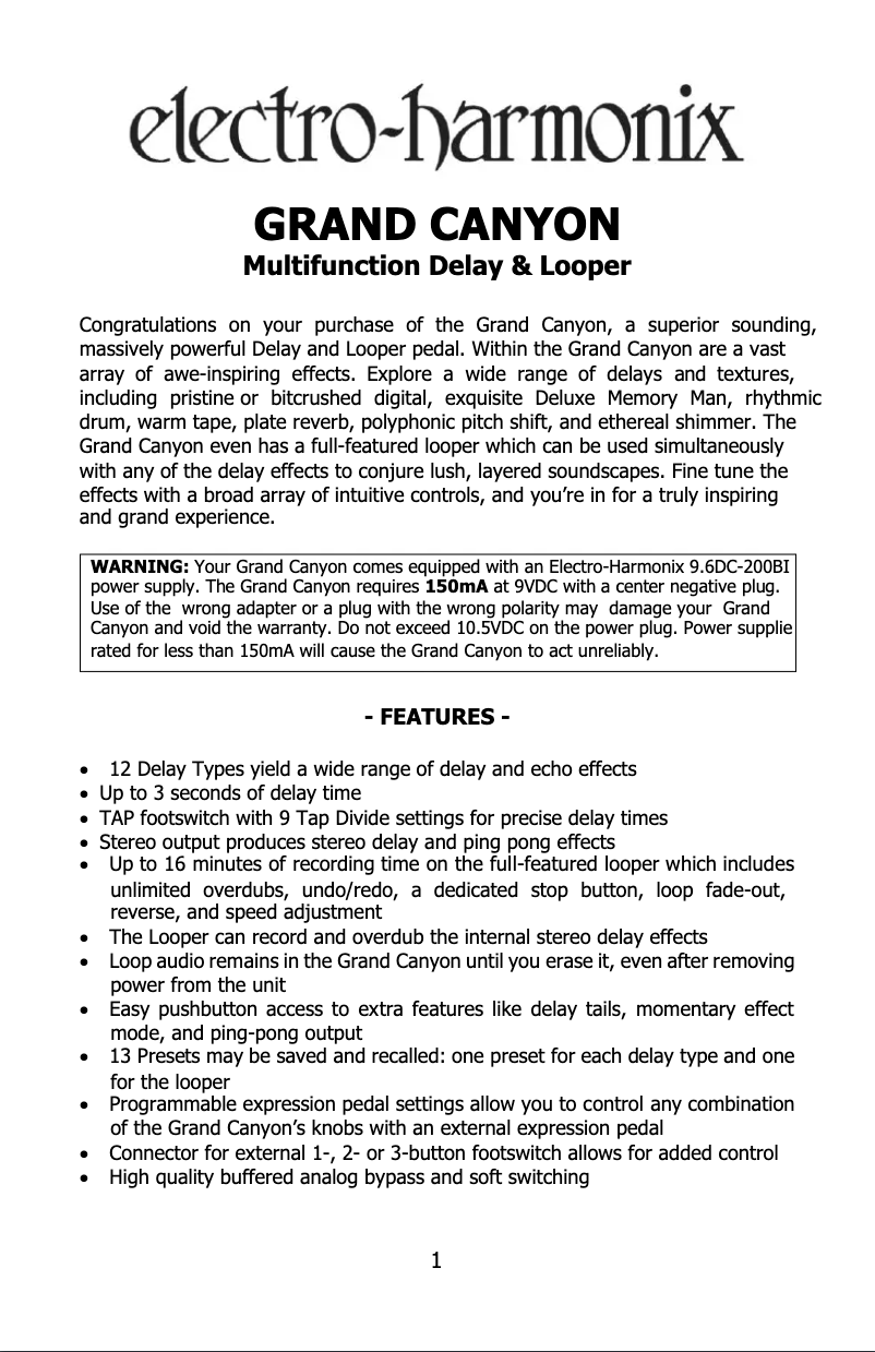 Page n°1 - Manuel utilisateur Electro Harmonix Grand Canyon