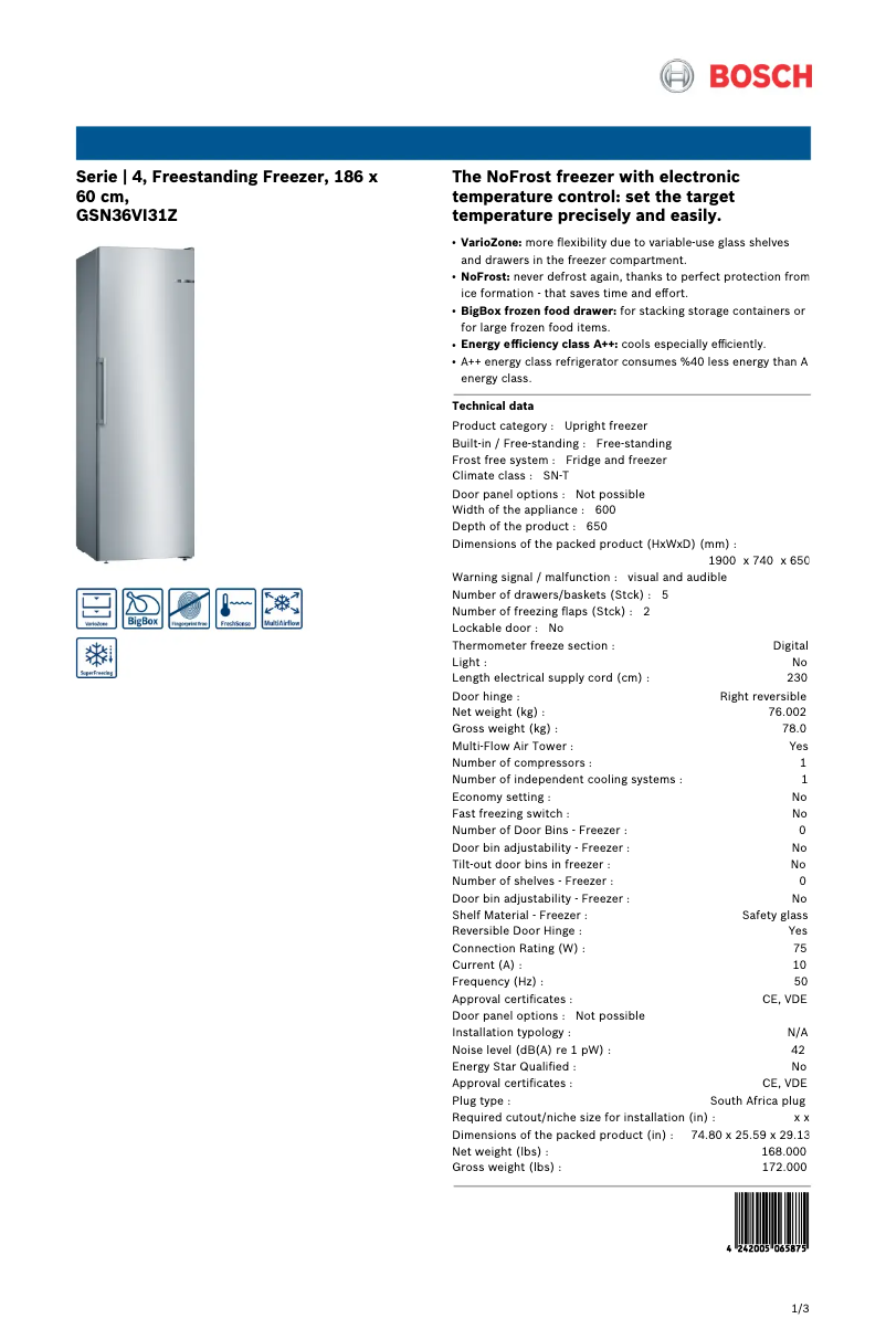 Página 1 del manual Ficha técnica Bosch GSN36VI31Z