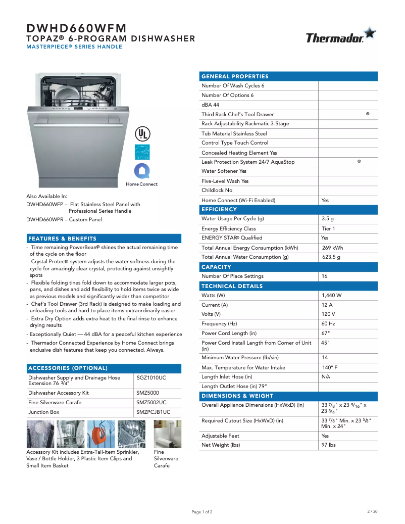 Page 1 de la notice Fiche technique Thermador DWHD660WFM
