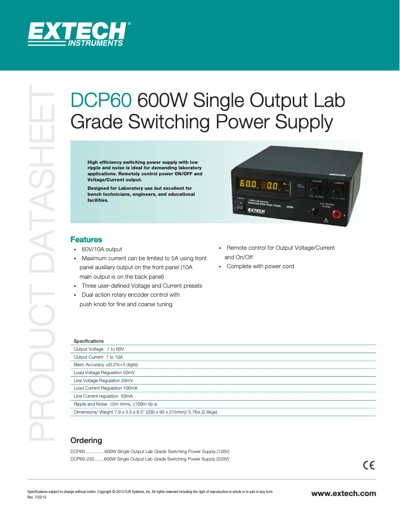 Page 1 de la notice Fiche technique Extech DCP60