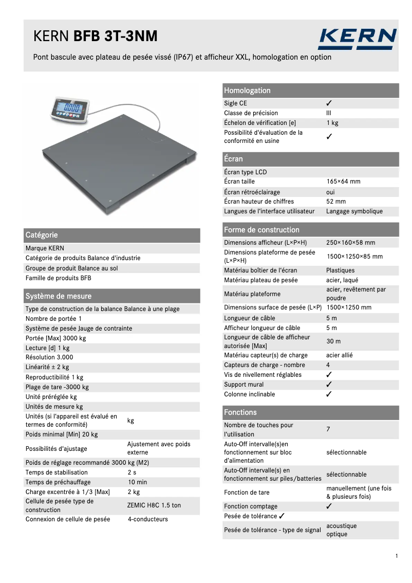 Page 1 de la notice Fiche technique Kern BFB 3T-3AM