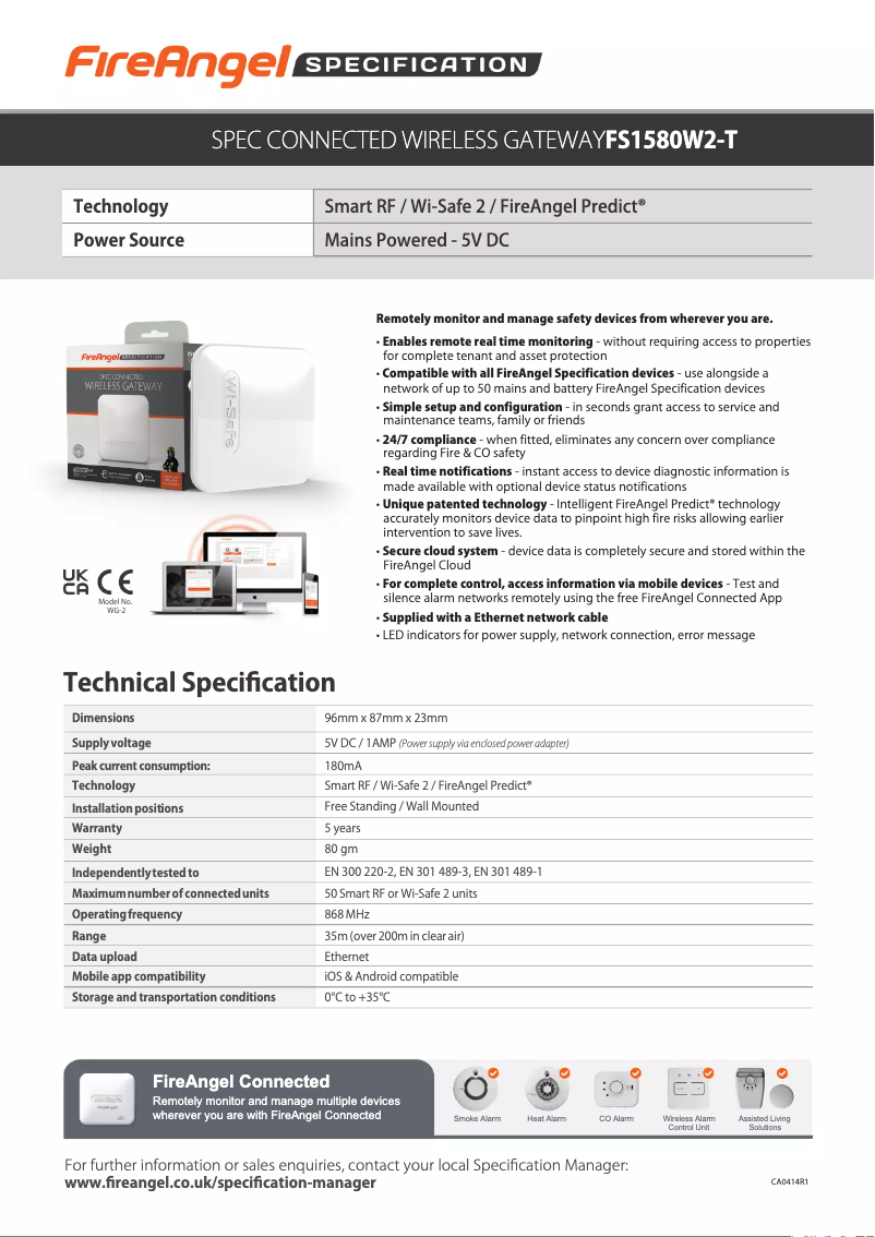 Page 1 de la notice Fiche technique FireAngel WG-2