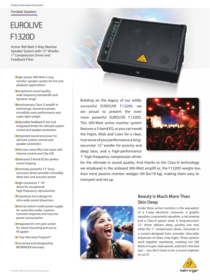 Page 1 of the manual Technical Sheet Behringer Eurolive F1320D