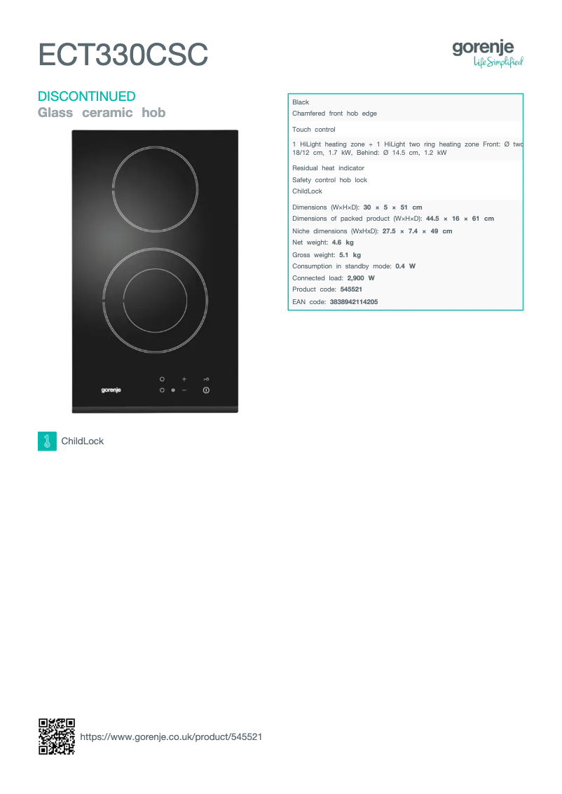 Page n°1 - Fiche technique Gorenje ECT330CSC