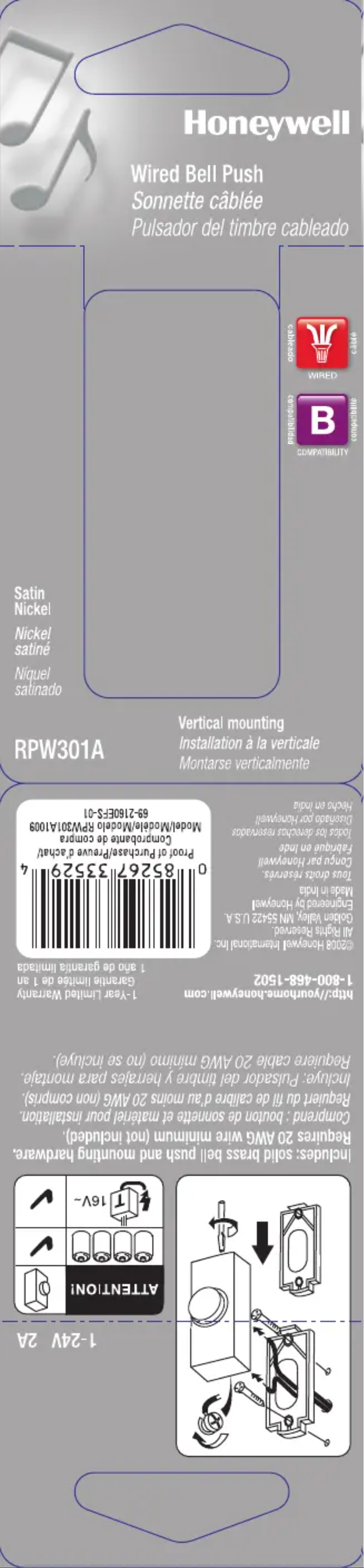 Page 1 de la notice Manuel utilisateur Honeywell RPW301A