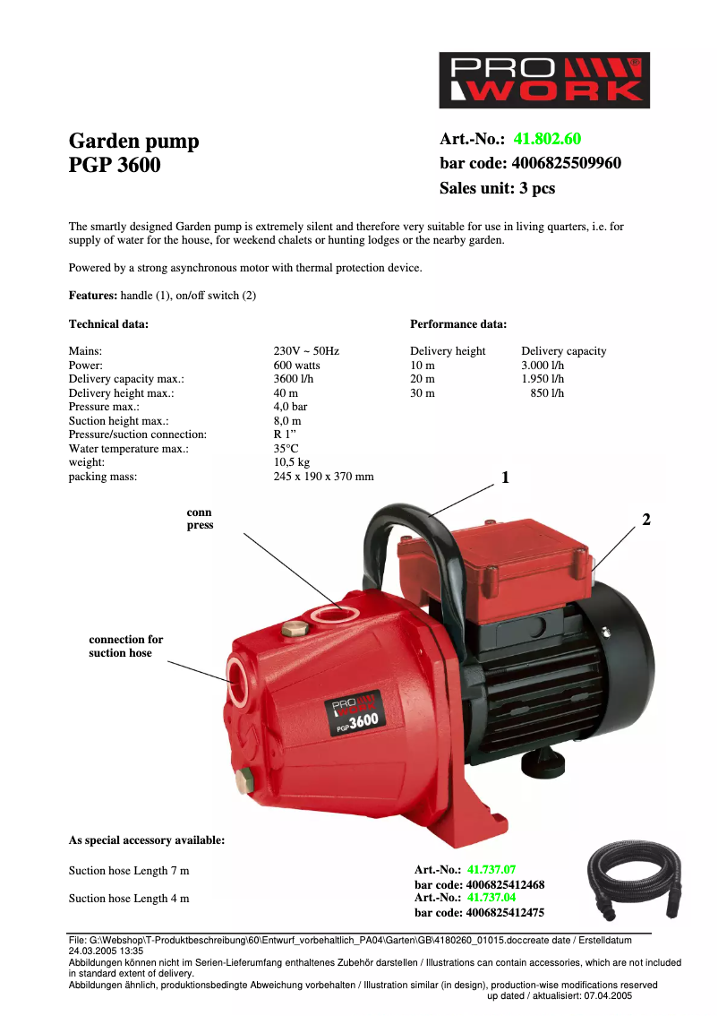 Page n°1 - Fiche technique Prowork PGP 3600