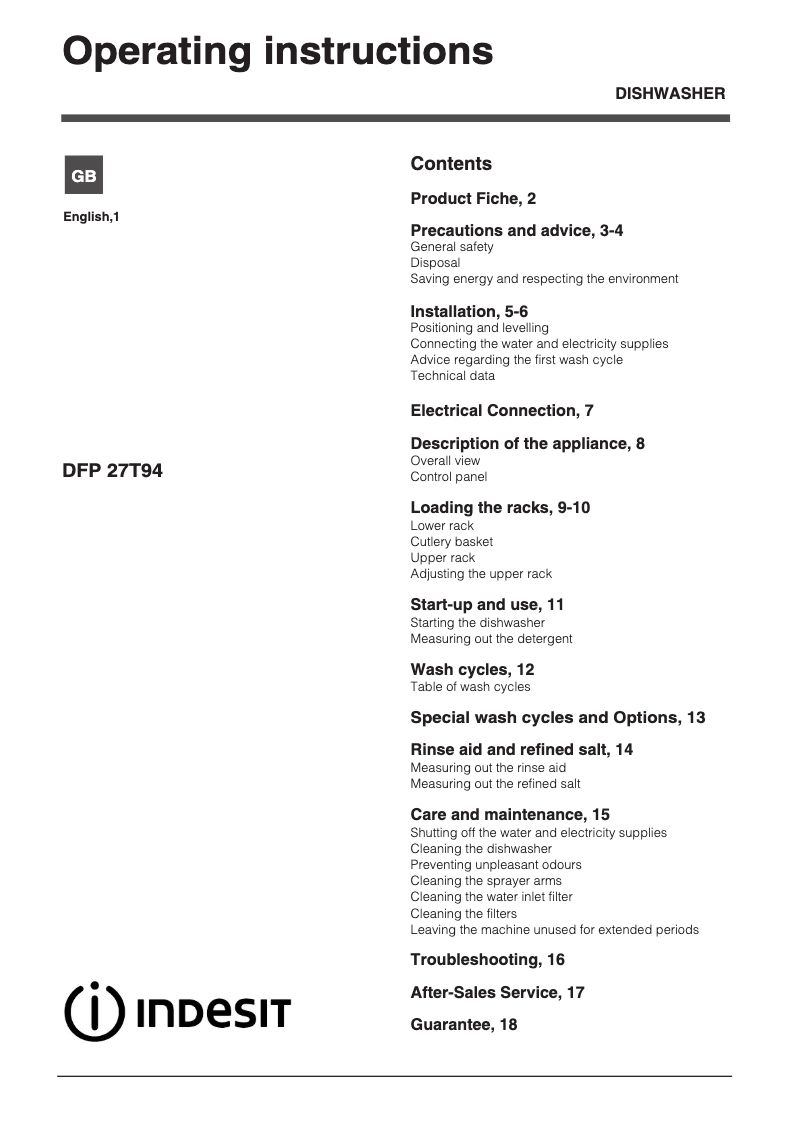 Page n°1 - Mode d'emploi Indesit DFP 27T94 A UK