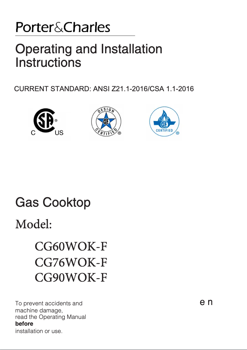 Page 1 de la notice Manuel utilisateur Porter & Charles CG60WOK-F