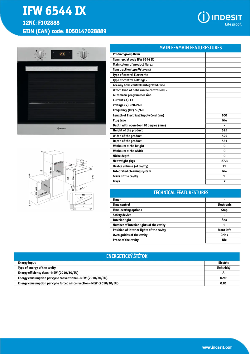Page n°1 - Fiche technique Indesit IFW 6544 IX