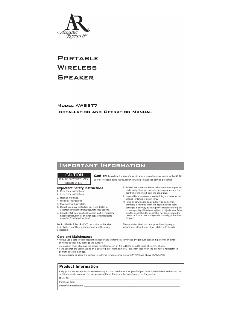 Page n°1 - Manuel utilisateur Acoustic Research AWSBT7
