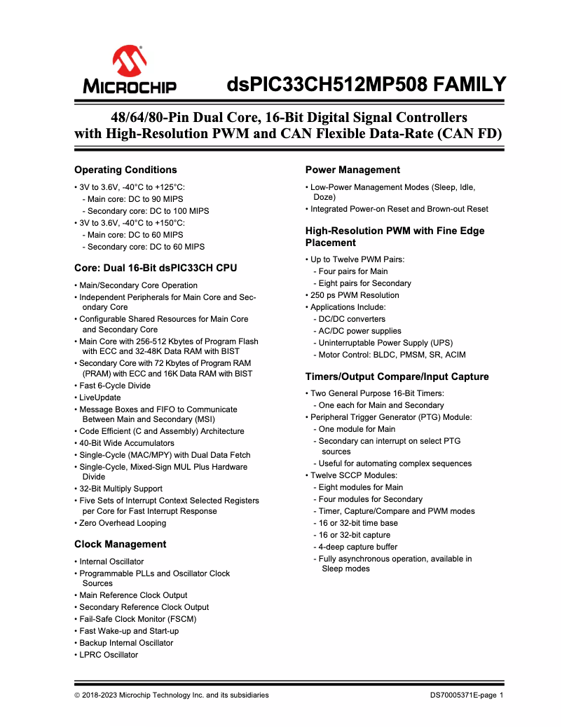 Page 1 de la notice Manuel utilisateur Microchip dsPIC33CH512MP506