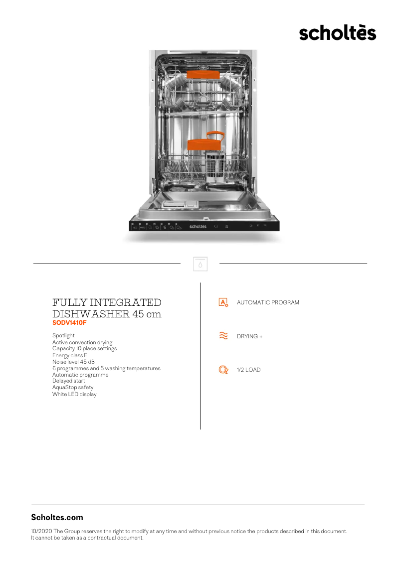 Page 1 de la notice Fiche technique Scholtès SODV1410F