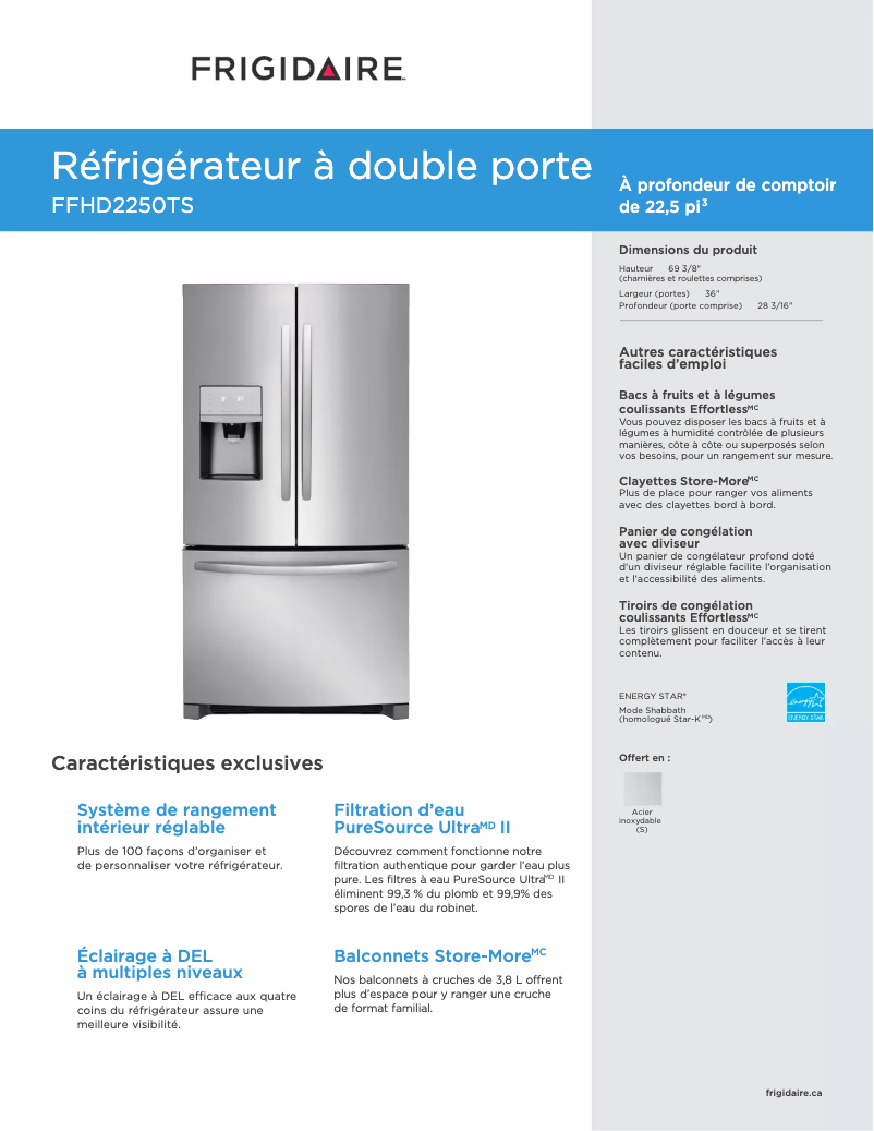 Page 1 de la notice Fiche technique Frigidaire FFHD2250TS