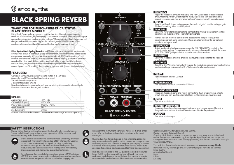 Page 1 de la notice Manuel utilisateur Erica Synths Black Spring Reverb