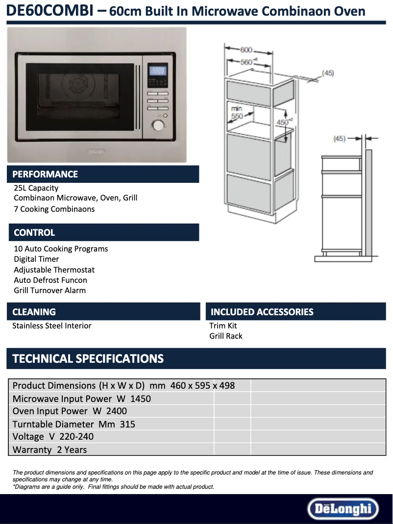 Page 1 de la notice Fiche technique DeLonghi DE60COMBI