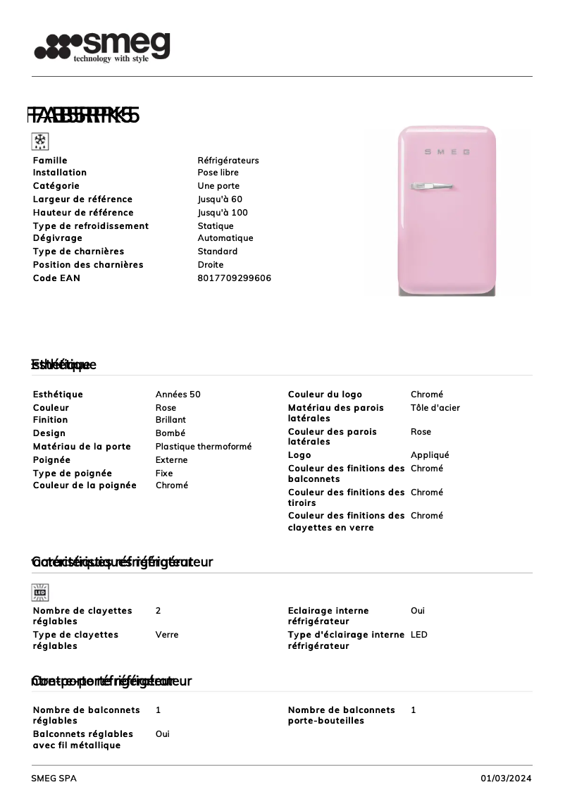 Page 1 de la notice Fiche technique Smeg FAB5RPK5