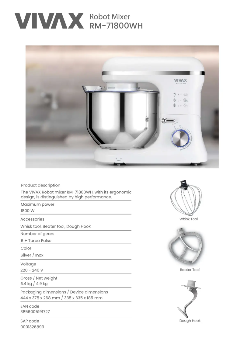 Página 1 del manual Ficha técnica Vivax RM-71800WH