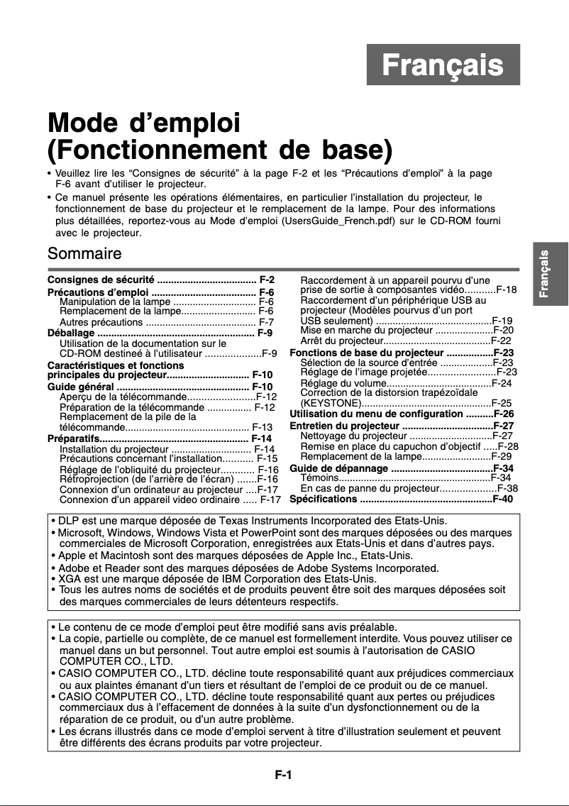 Page 1 de la notice Manuel utilisateur Casio XJ-SC210