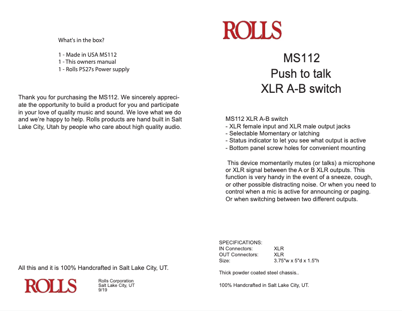Page 1 de la notice Manuel utilisateur Rolls MS112
